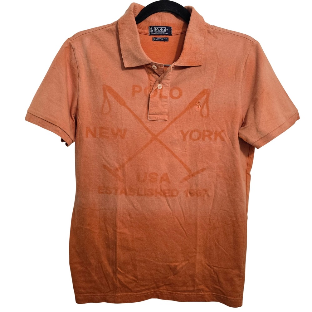 Polo Ralph Lauren Mens Orange Graphic Polo Shirt Custom Fit New York USA Size M